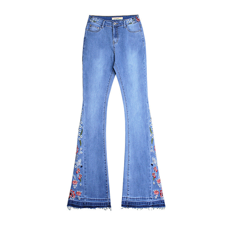 Calça de perna larga de padronizar calças de bordado de flor de campainha jeans de sino