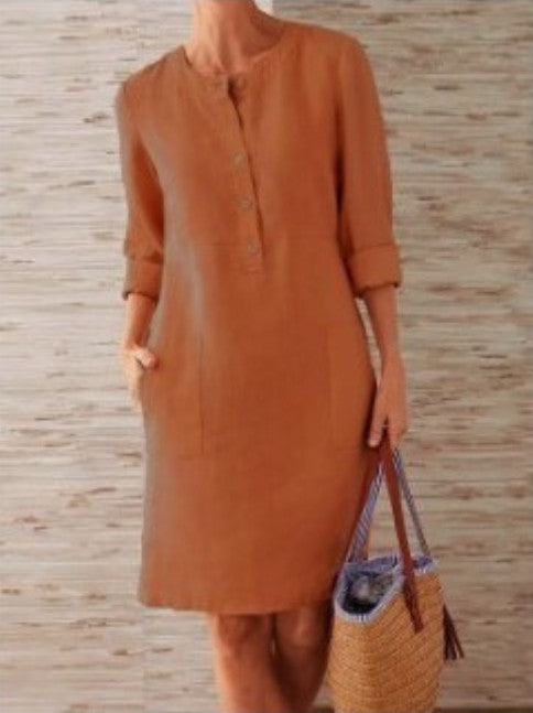 Modelo básico de primavera plus size size linho de algodão feminino vestido de manga longa redonda