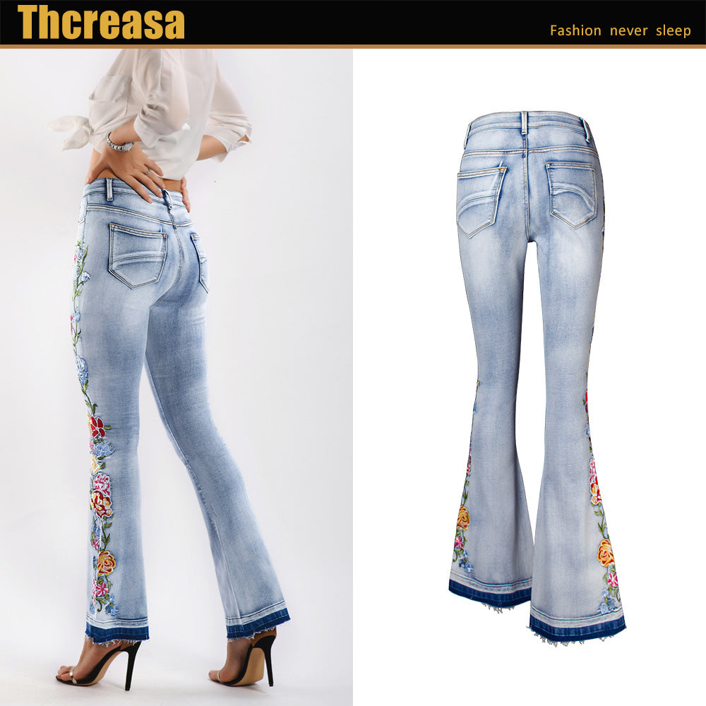Pantalon de broderie évasé pour femmes Street Hipster Bell-bottom Jeans Plus Size Jeans