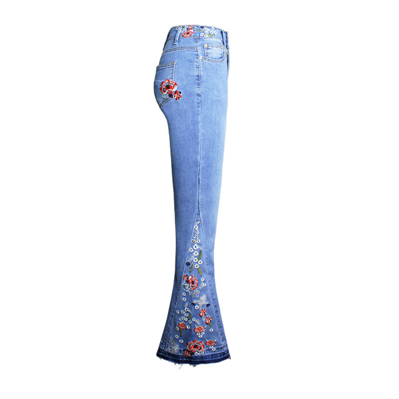 Patrón de pantalones de pierna ancha de las mujeres Bordería de la flor de mezclilla Bordado de bordado