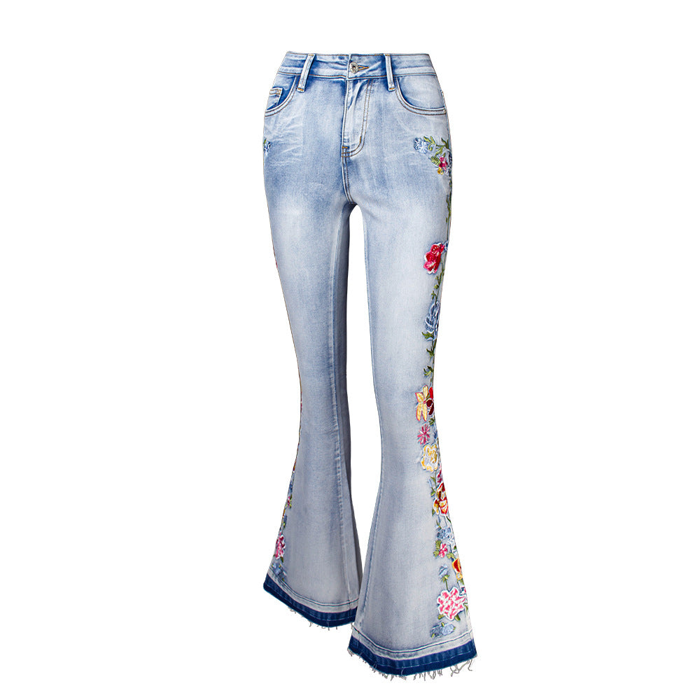 Flared Women's Embroidery Trousers Street Hipster Bell-bottom Pants Plus Size Jeans