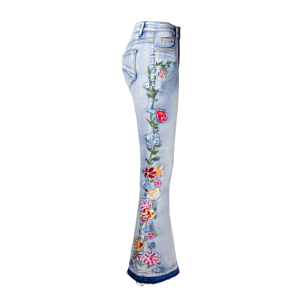 Ausgestellte Stickerei-Hose für Damen Street Hipster Bell-Bottom-Hose Plus Size Jeans