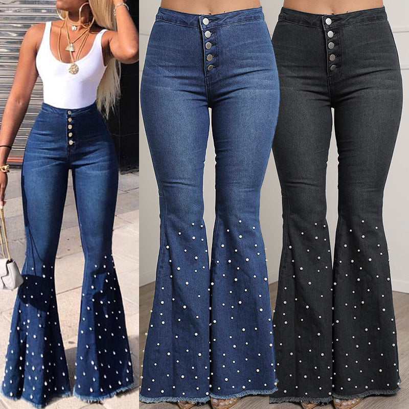 Stretch Jeans Bootcut Trousers Casual Beaded Bell-bottom Pants