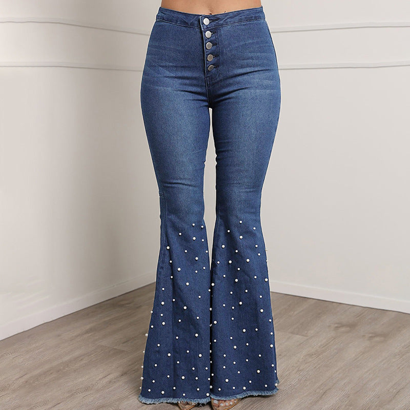 Stretch Jeans Bootcut Trousers Casual Beaded Bell-bottom Pants