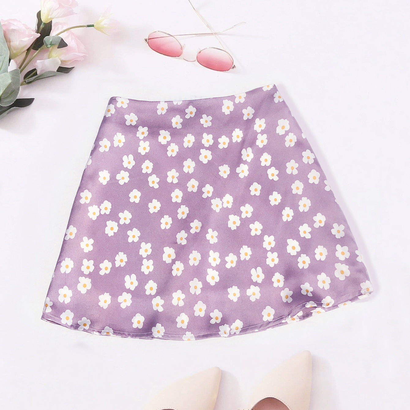 Women's Printing High Waist Satin Printed Short Pink Small Flower Leopard Skirt