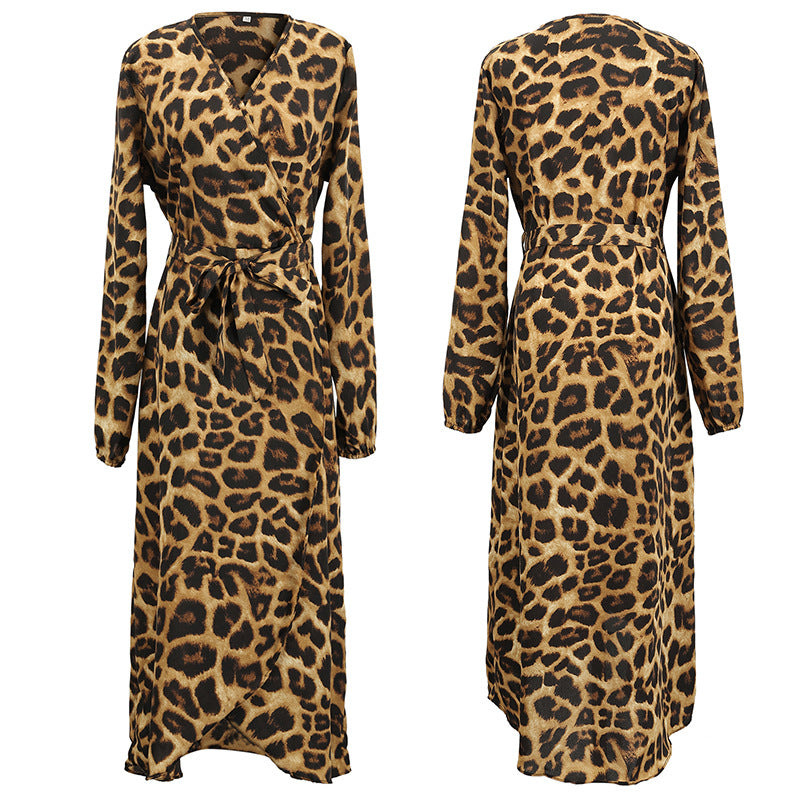 Robe pour femme en mousseline de soie imprimée léopard col en V taille haute à lacets irrégulière pour femme
