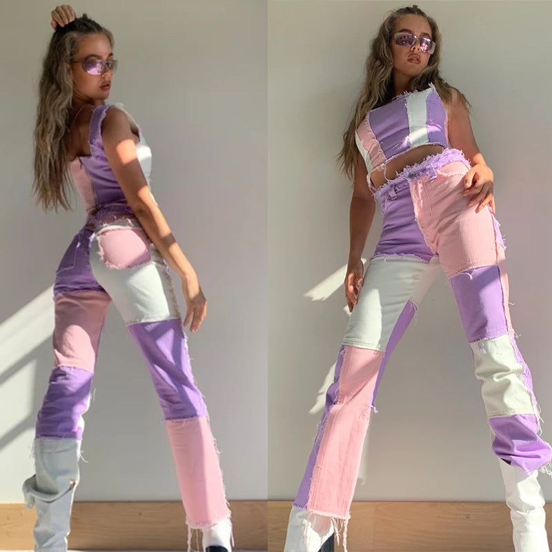 Summer Fashion Mixed Color Leisure Stitching High Waist Tight Hip Women's Straight-leg Women's Jeans