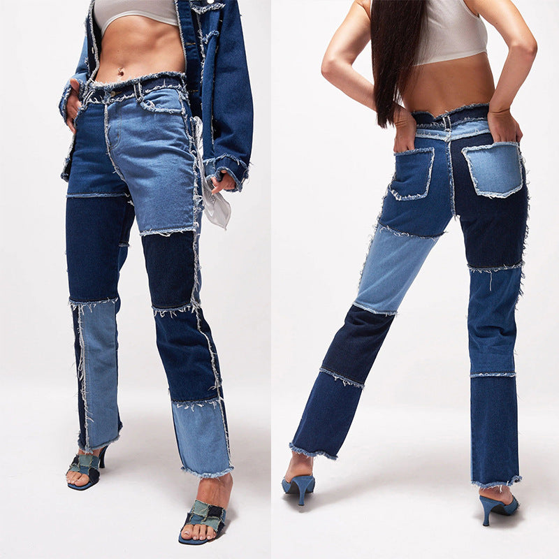 Summer Fashion Mixed Color Leisure Stitching High Waist Tight Hip Women's Straight-leg Women's Jeans