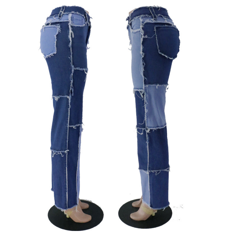 Sommermode gemischte Farbe Freizeit Nähte hohe Taille enge Hüfte Damen Jeans mit geradem Bein