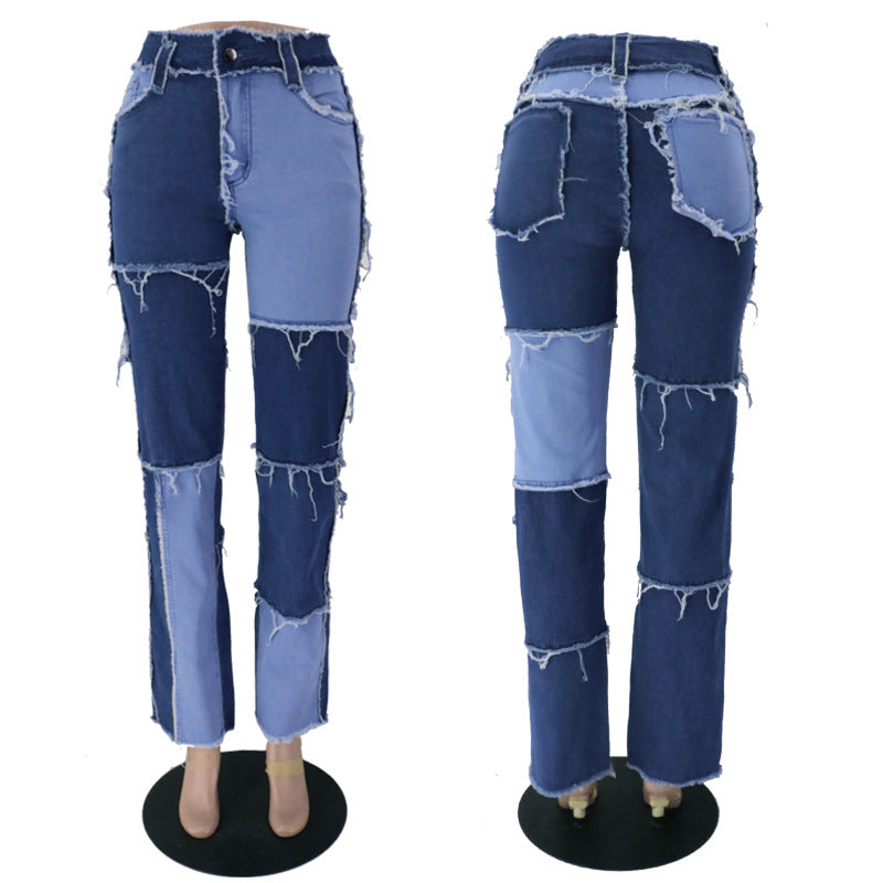 Sommermode gemischte Farbe Freizeit Nähte hohe Taille enge Hüfte Damen Jeans mit geradem Bein