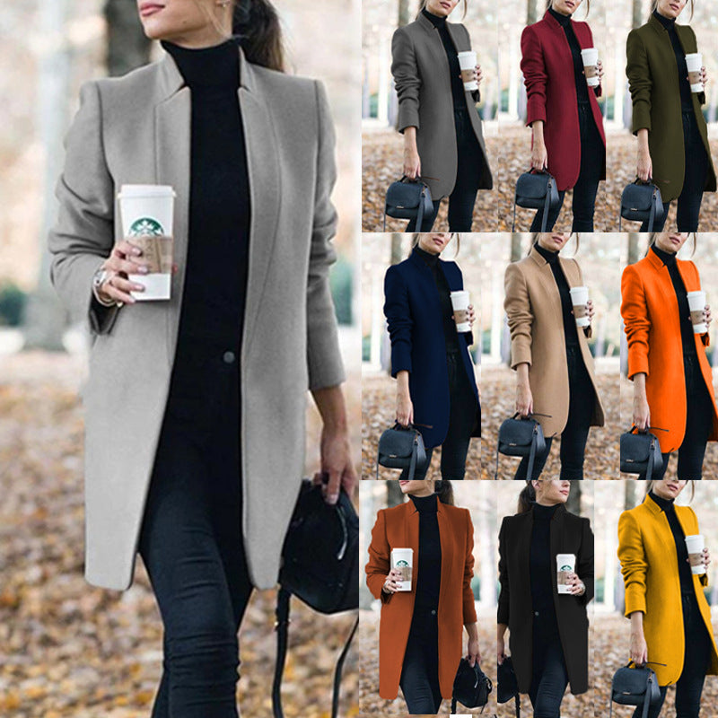 Fashion Solid Polyester Fiber Color Collar Woolen Coat