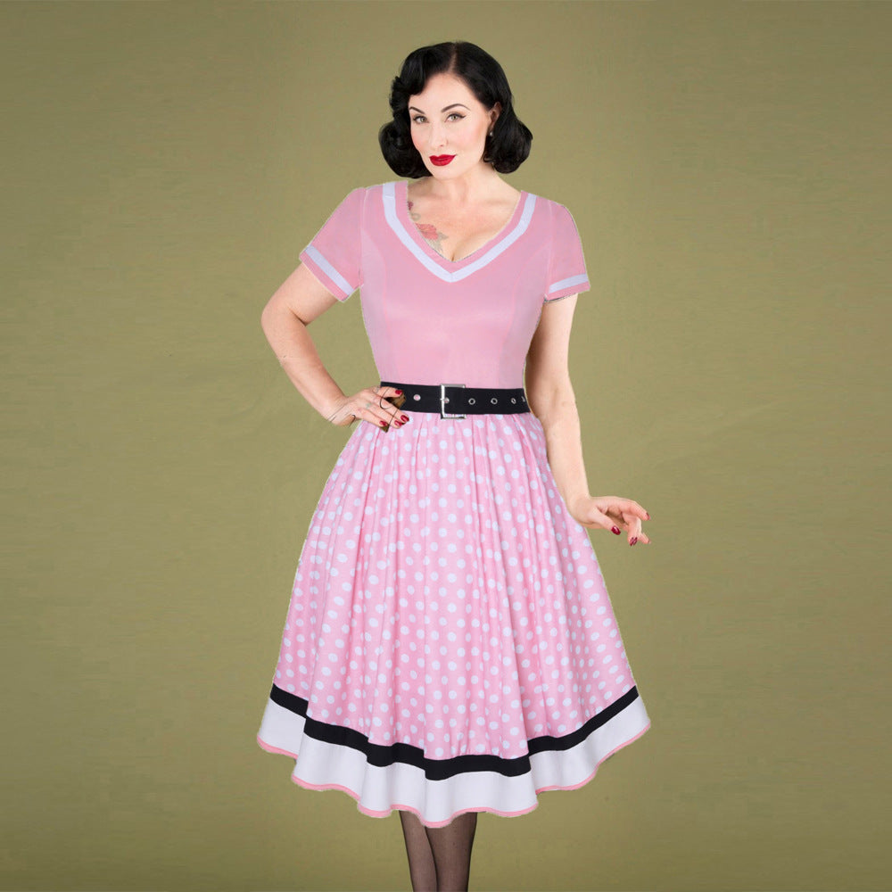 Retro-Baumwollkleid mit V-Ausschnitt, mittlerer Taille und gepunktetem Swing-Kleid