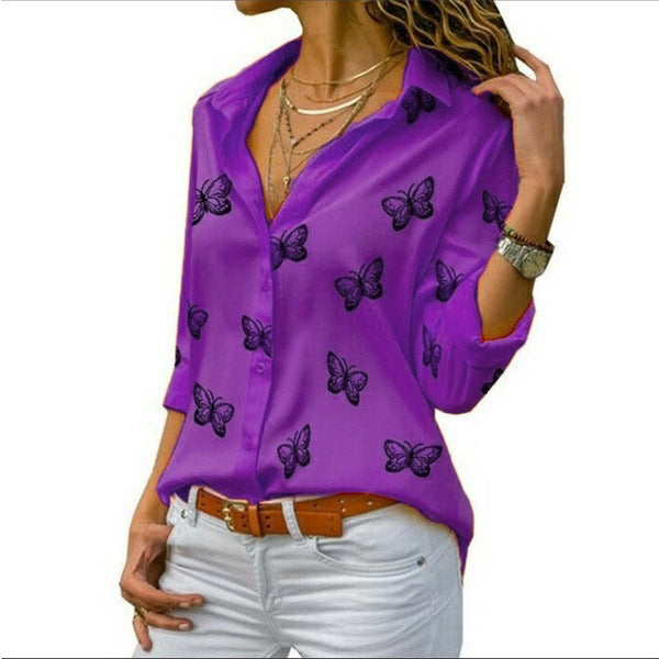Printing Women's Multi-color Butterfly Print Loose Lapels Shirt