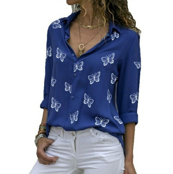 Printing Women's Multi-color Butterfly Print Loose Lapels Shirt