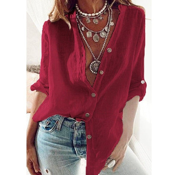 Cardigan Autumn Pure Color Cotton Sleeves Loose-fitting V-neck Long Women's Top