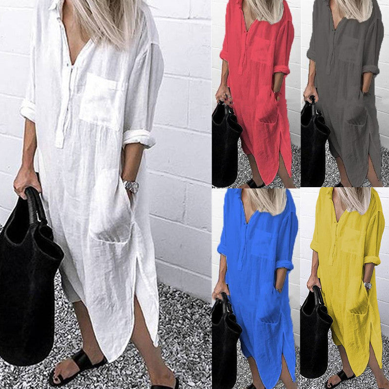 Elegant Solid Color Loose Waist Simple Long Shirt Women's Dress