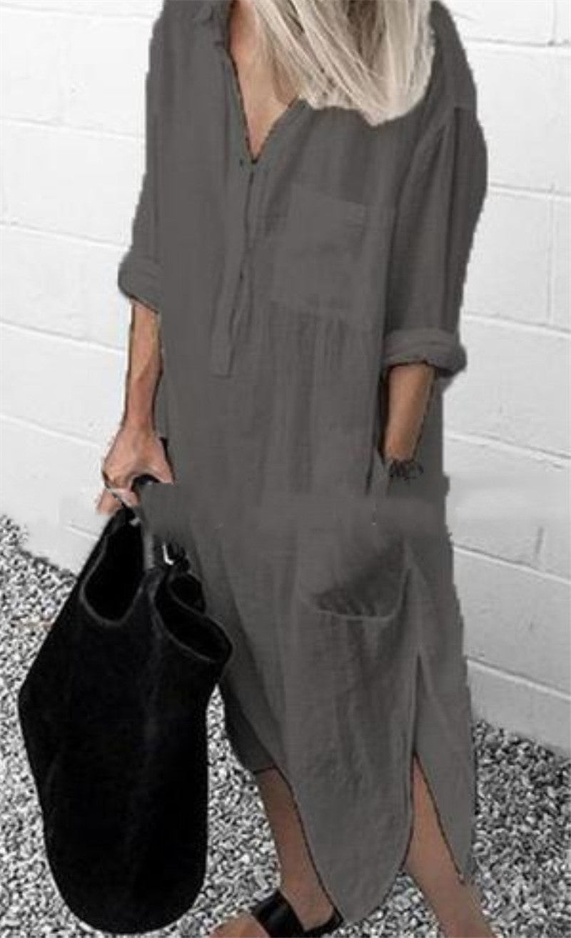 Élégante couleur unie taille ample simple chemise longue robe pour femme