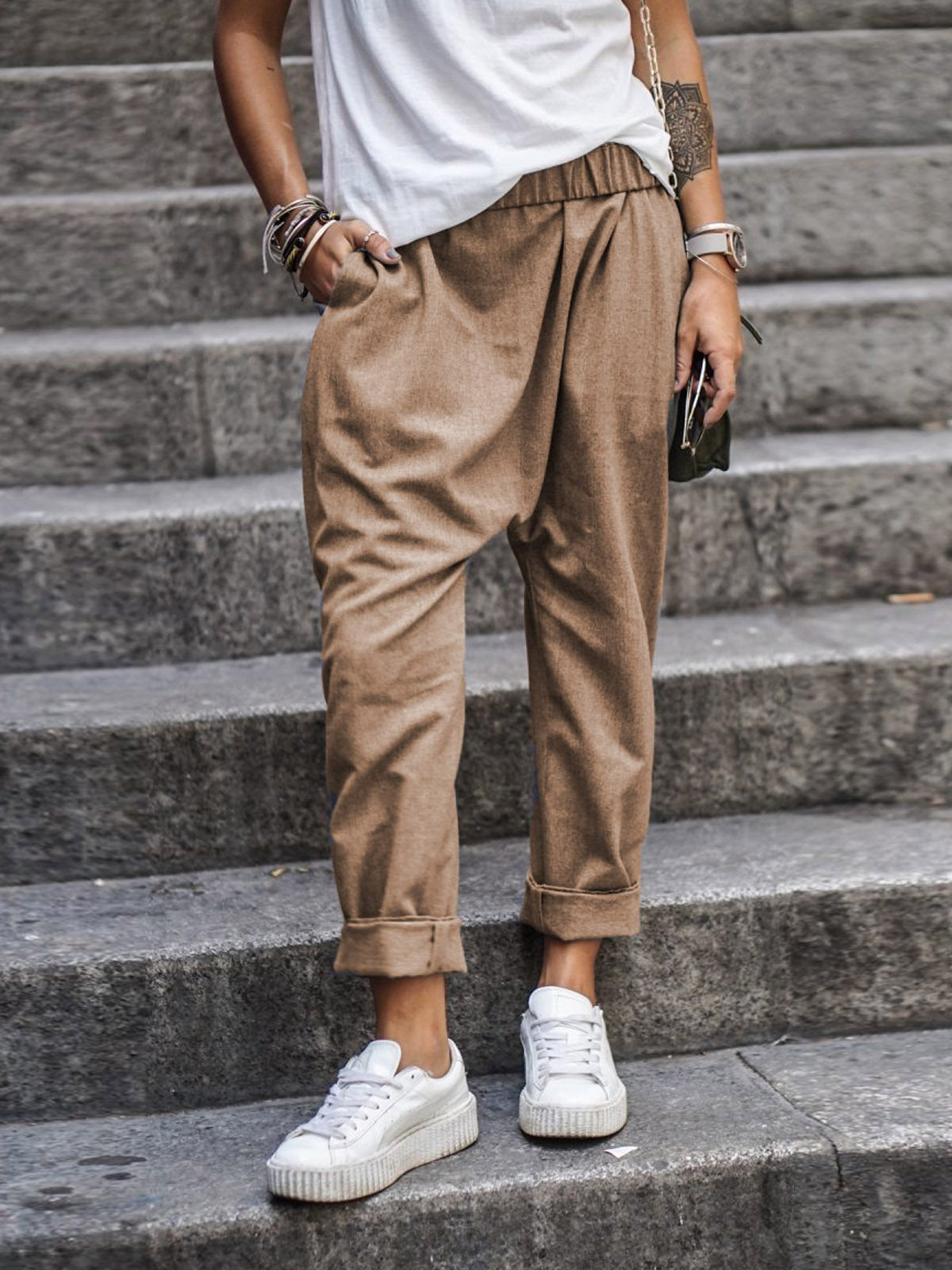 Color sólido Casual Hipster Hipster elástico pantalones de cintura alta