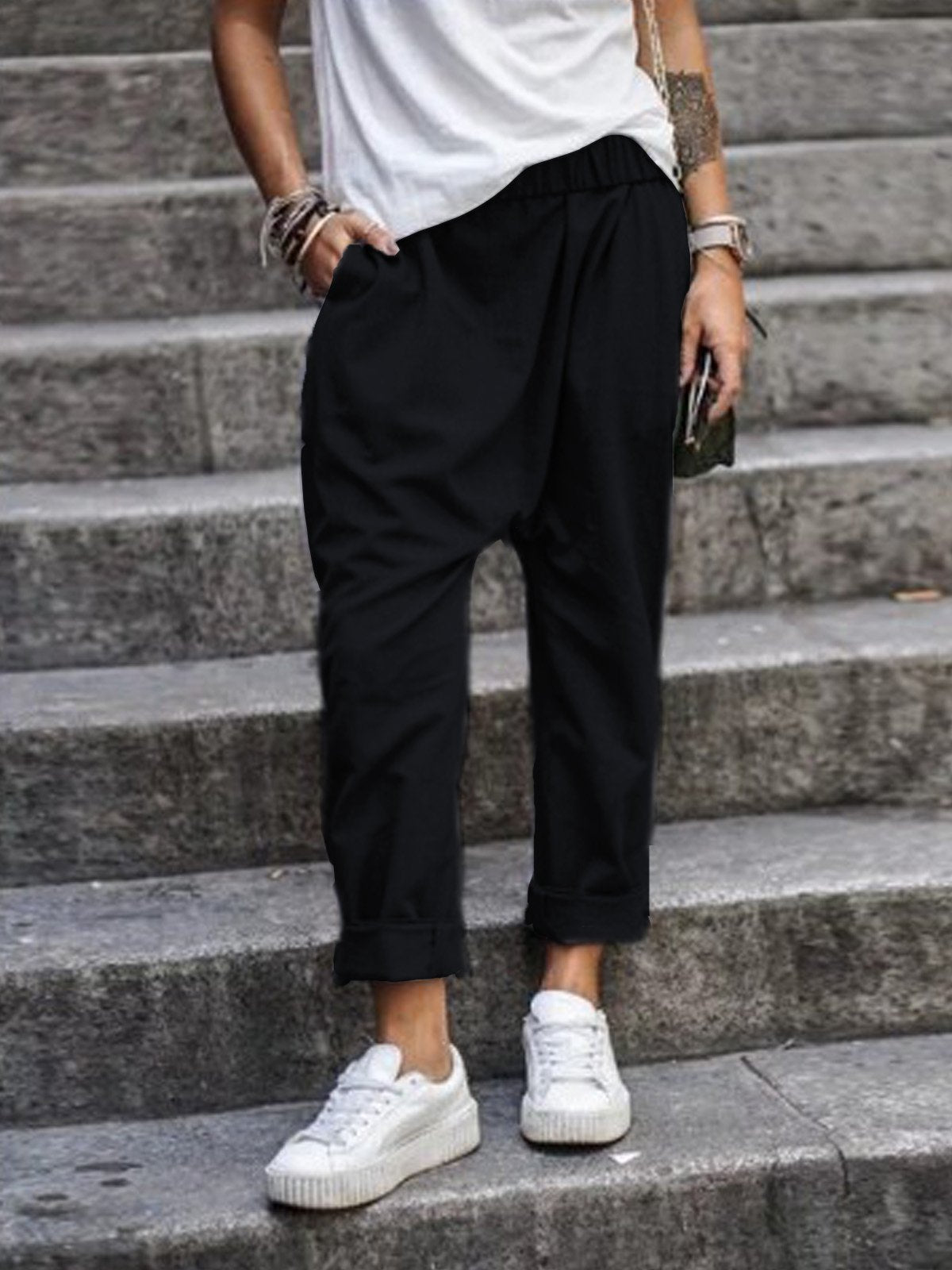 Solidny kolor swobodny uliczny hipster elastyczne spodnie z wysokim talią