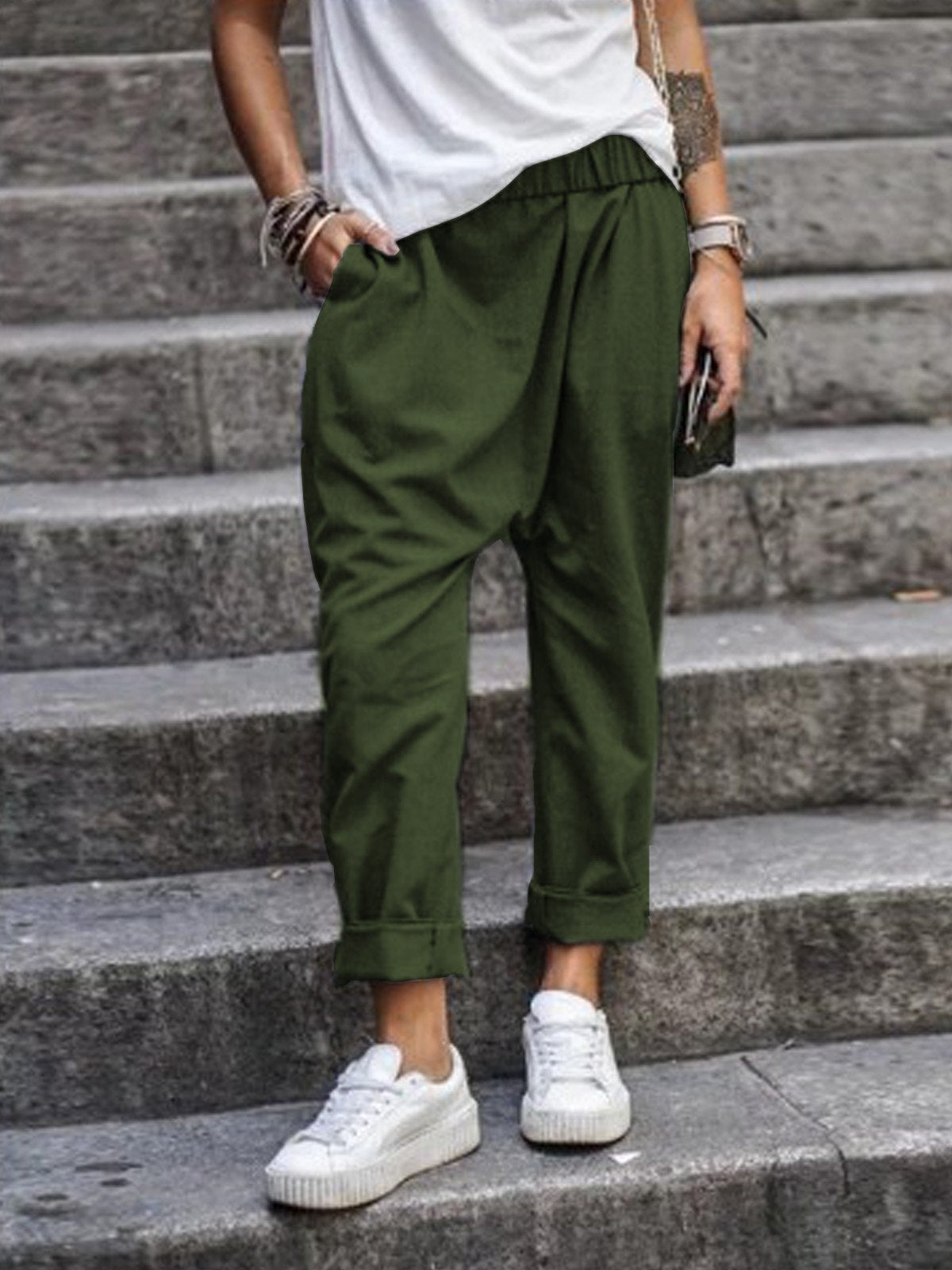 Solidny kolor swobodny uliczny hipster elastyczne spodnie z wysokim talią