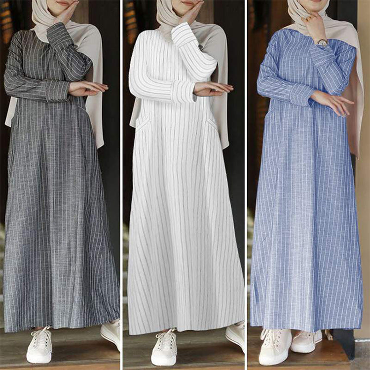 Fashionable Autumn Artistic Regular Sleeve Retro Women's Cotton Linen Pullover Round Neck Skirt