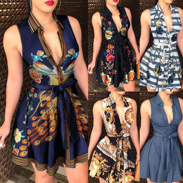 Kragenriemen ärmelloses Mode Sexy Print Kleid