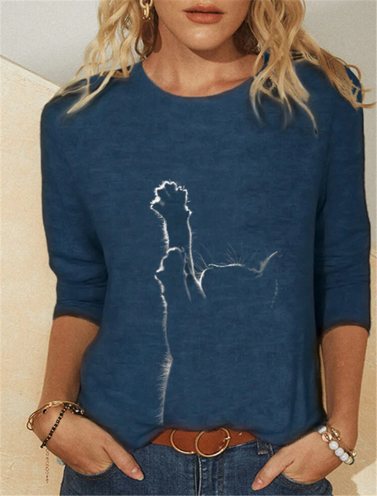 Gestricktes langärmliges Freizeit-T-Shirt mit Rundhalsausschnitt und Tierdruck für Damen