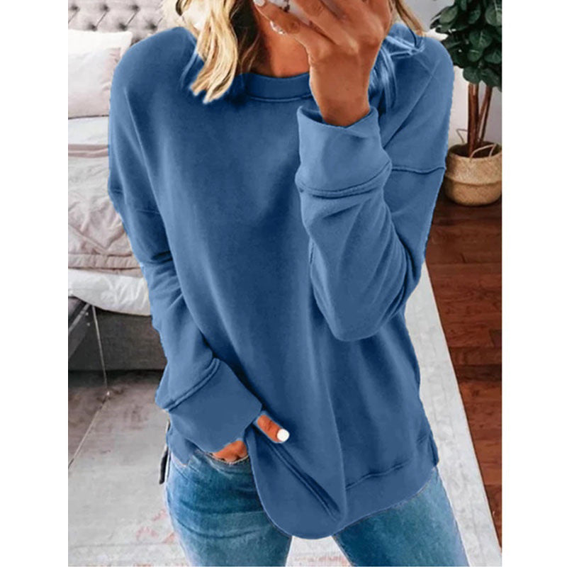 Damen-Pullover aus Baumwollmischung, locker sitzendes, einfarbiges, langärmliges T-Shirt
