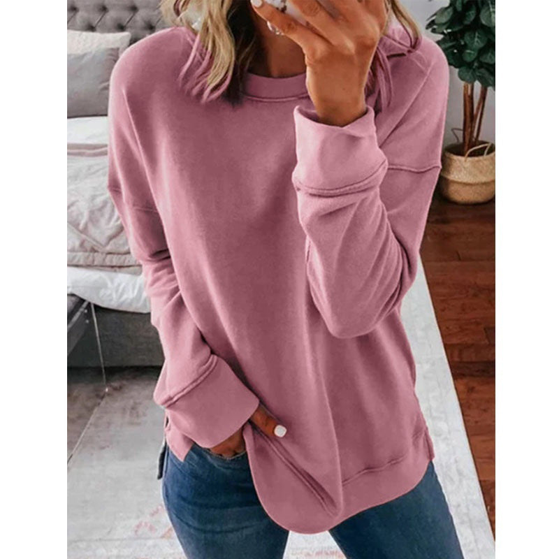 Women's Cotton Blend Top Pullover Loose-fitting Solid Color Long Sleeves T-shirt