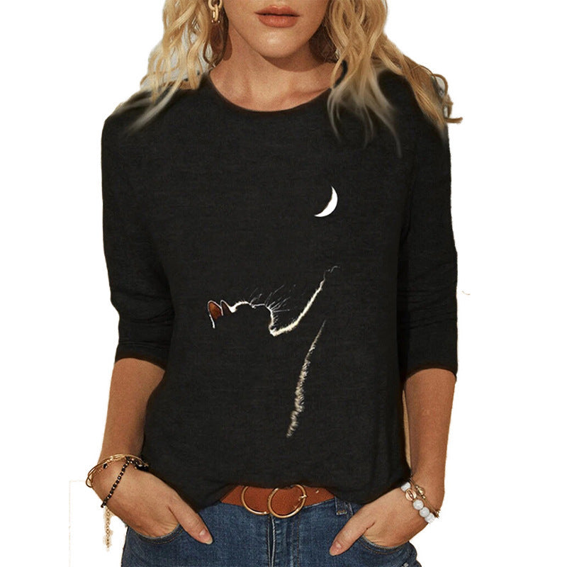 Women's Knitted Long-sleeved Animal Print Leisure Round Neck Casual T-shirt
