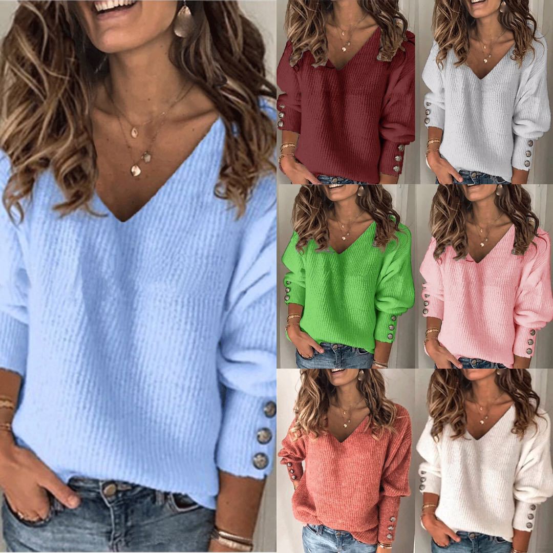 Mode Damenbekleidung Baumwollmischung reine Farbe gestrickt V-Ausschnitt lockeres Langarm-T-Shirt
