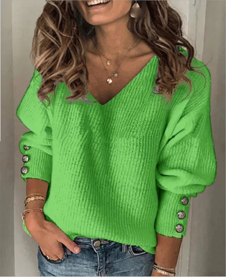 Mode Damenbekleidung Baumwollmischung reine Farbe gestrickt V-Ausschnitt lockeres Langarm-T-Shirt