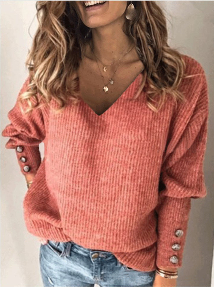 Moda feminina usa algodão mistura pura malha de malha em V camiseta de manga longa solta