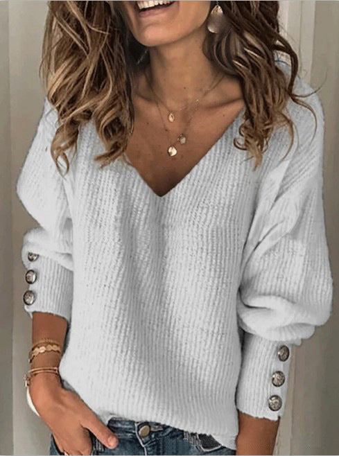 Fashion Women's Wear Cotton Blend Pure Color Knitted V-neck Loose Long Sleeve T-shirt