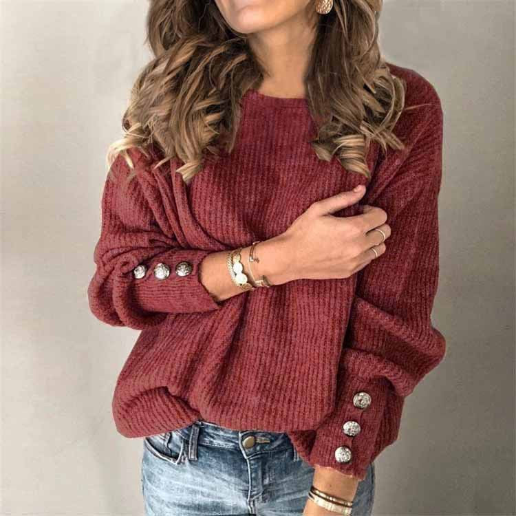 Women's Long-sleeved Round Neck Solid Color Button Sweater Top T-shirt