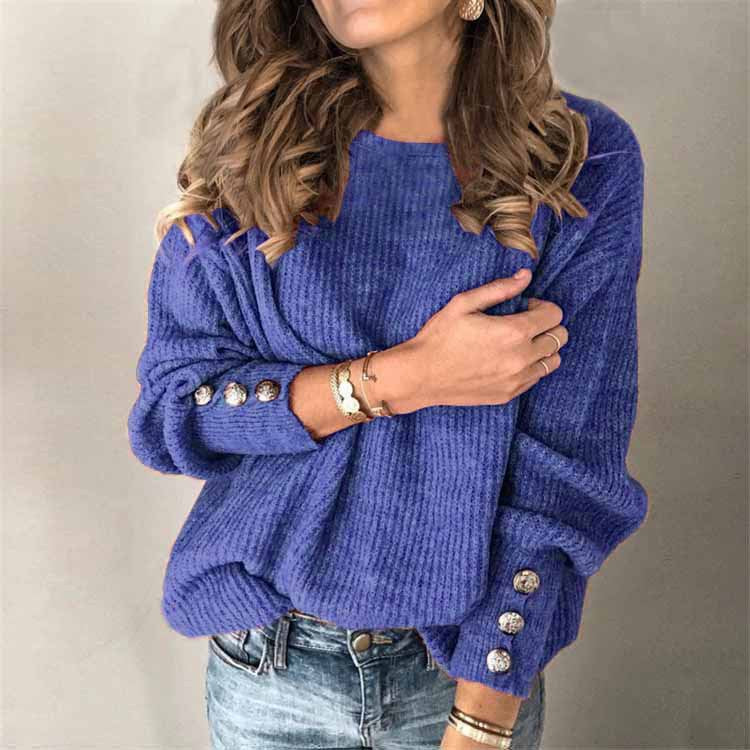 Women's Long-sleeved Round Neck Solid Color Button Sweater Top T-shirt