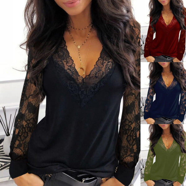 Women's Lace Pullover V-neck Patchwork Long-sleeved T-shirt