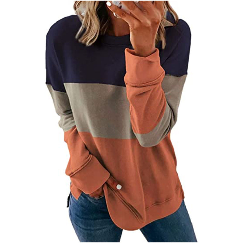 Suéter femenino urbano costura color top cuello redondo manga larga sudadera suelta