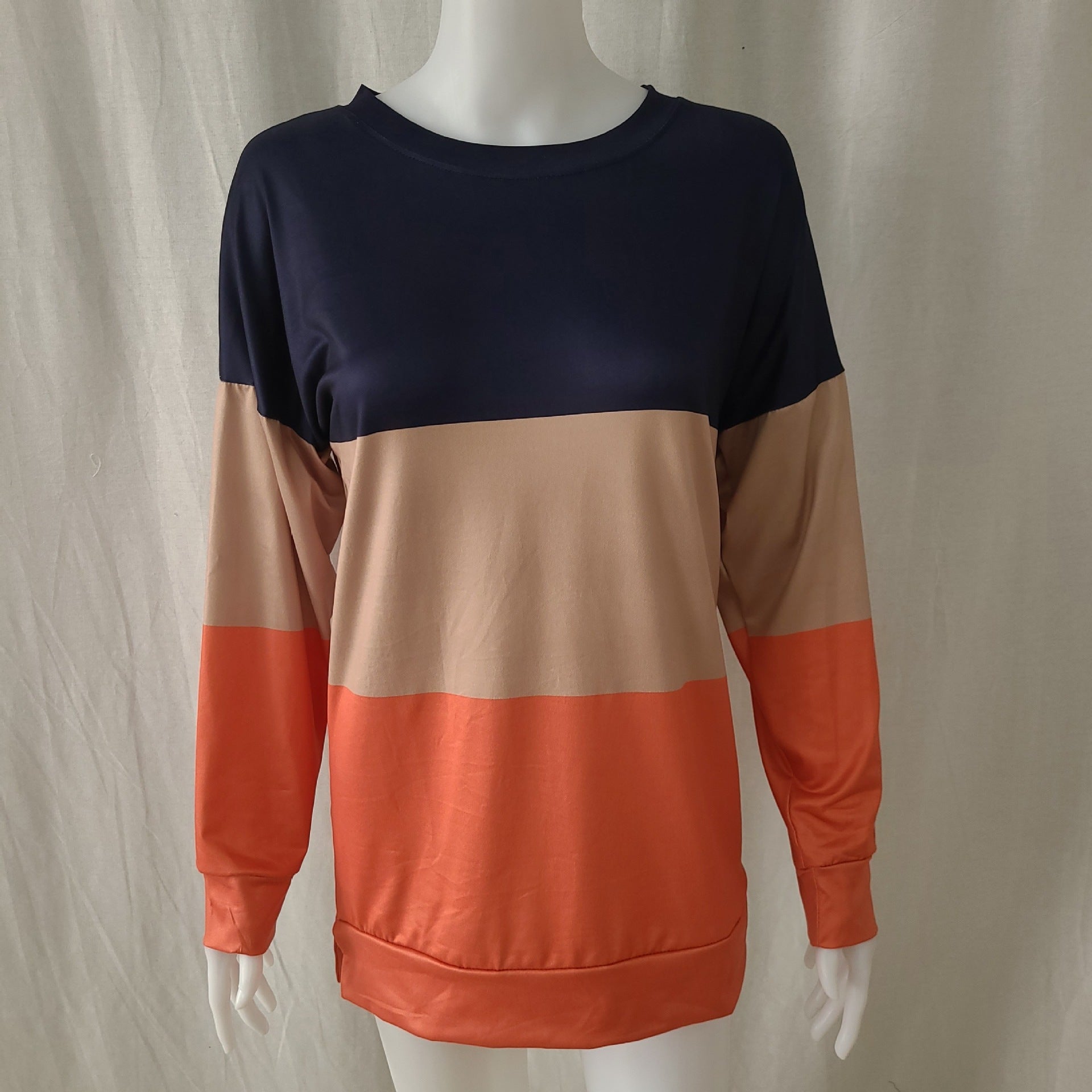 Women's Sweater Urban Leisure Stitching Color Top Round Neck Long Sleeve Loose Sweatshirt