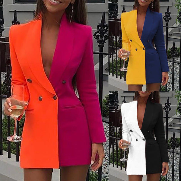 No Pattern Color Patchwork Business Wear V-neck Cardigan Suit Skirt