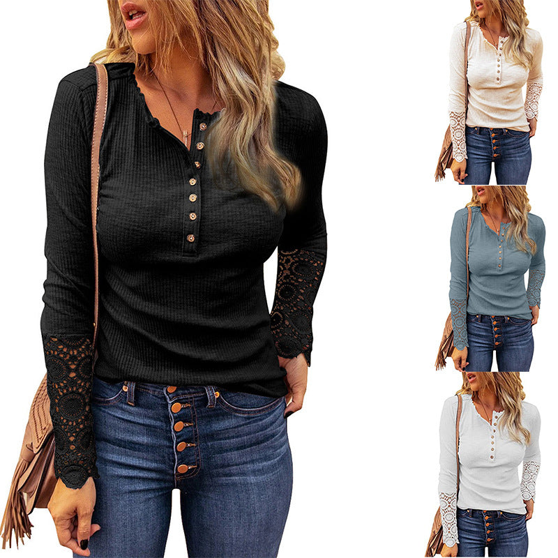 Women's Popular Round Neck Pullover Stitching Lace Sleeve Loose-fitting Solid Color Long Women's T-shirt
