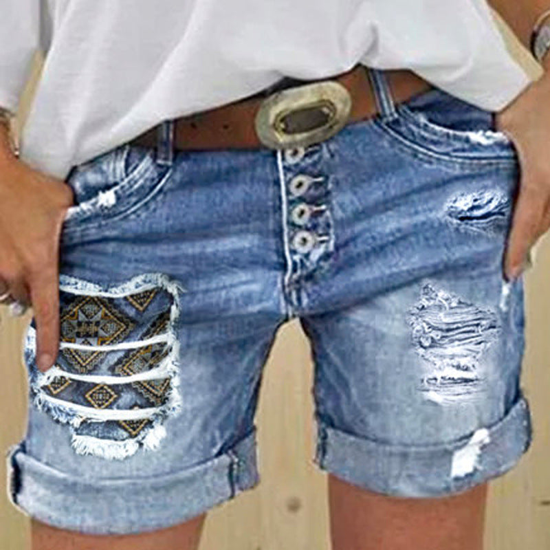 Summer Patchwork Cowboy Jeans Loose Embroidered Shorts Women's Pants