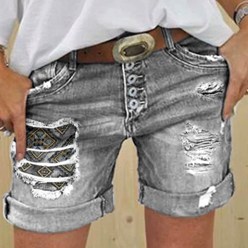 Été Patchwork Cowboy Jeans Short Brodé Lâche Pantalon Femme
