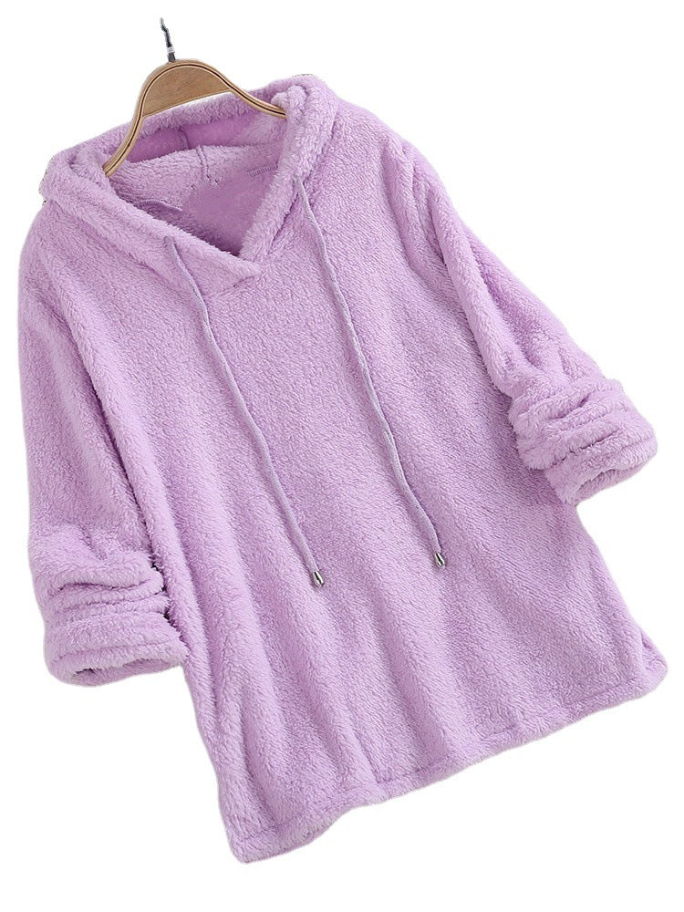 Solid Color Long Sleeve Hooded Plush Splicing Fleece Pajamas Women's Sweatshirt