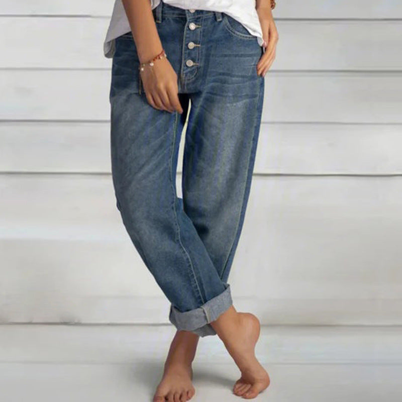Loose Washed Leisure Simple Thin Denim Straight-leg Women's Pants