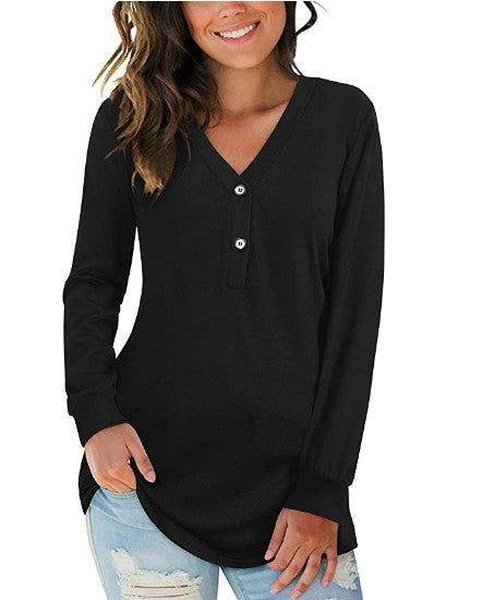 Autumn Collar Button Printed Long Sleeve Street Hipster Color Top Women's T-shirt