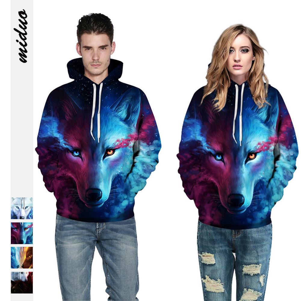 Fire Wolf Digital Printed Hoodie Long Sleeve Women's Plus Size Couple Wear Sportswear