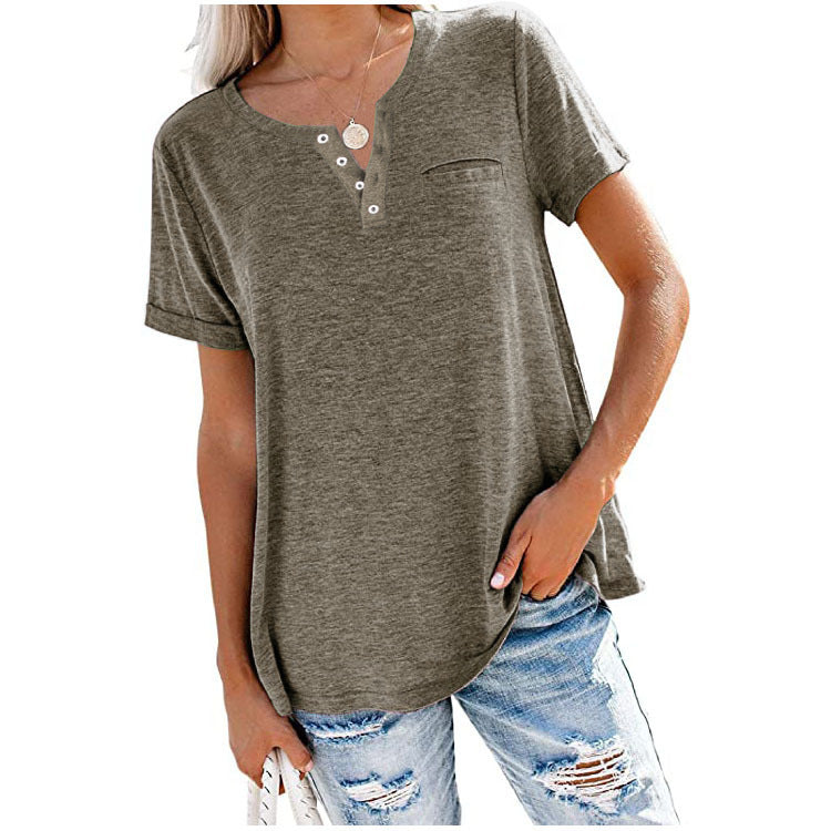 V-neck Short Sleeve Pocket Solid Color Loose T-shirt Women's Top