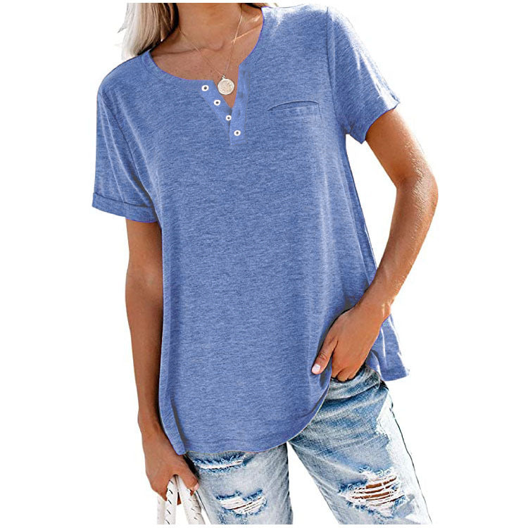 V-neck Short Sleeve Pocket Solid Color Loose T-shirt Women's Top