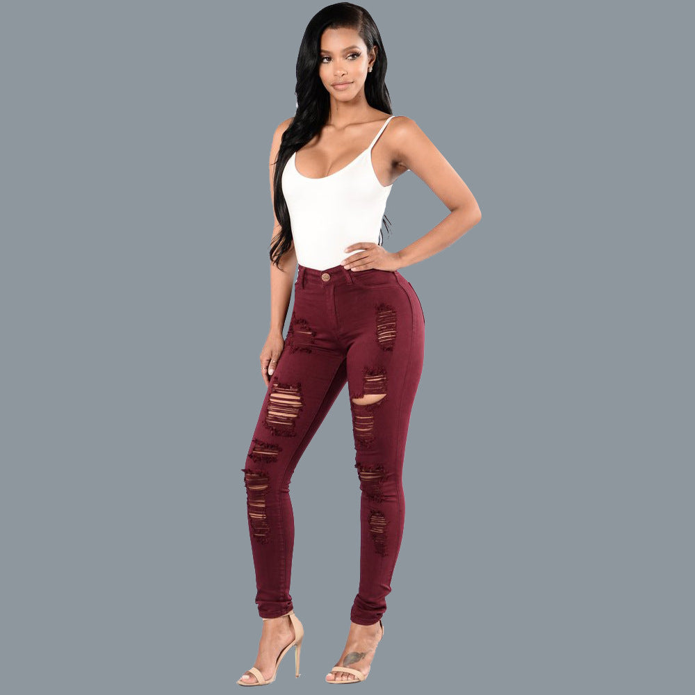 Knee Ripped Women's Slim Multi-color Mid Waist Skinny Pants Trousers Plus Size Jeans